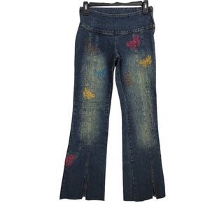 Vtg 90s Gasoline Embroidered Butterfly Jeans‎ Sz 1/XS Boot Cut Low Rise Mid Wash